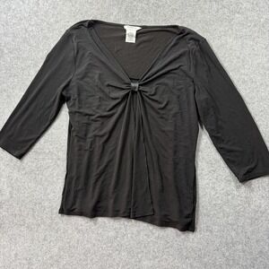 George Stretch Knot Front Blouse XL Black 3/4 Sleeve V-Neck Top